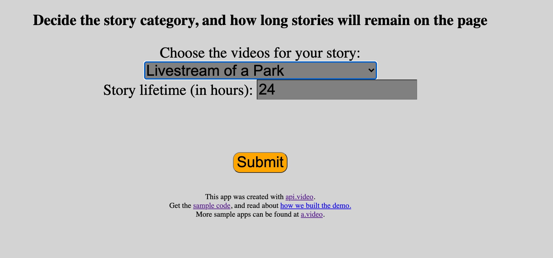 screenshot of form to build story