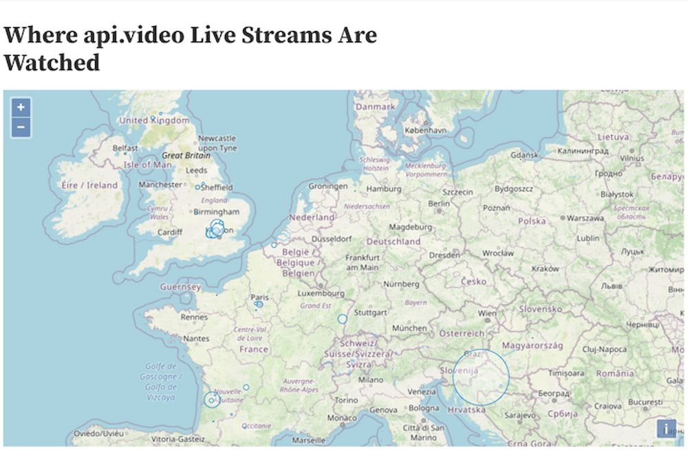 A map showing viewer density per city using api.video data, Observable, Geocoding, and Open Layers