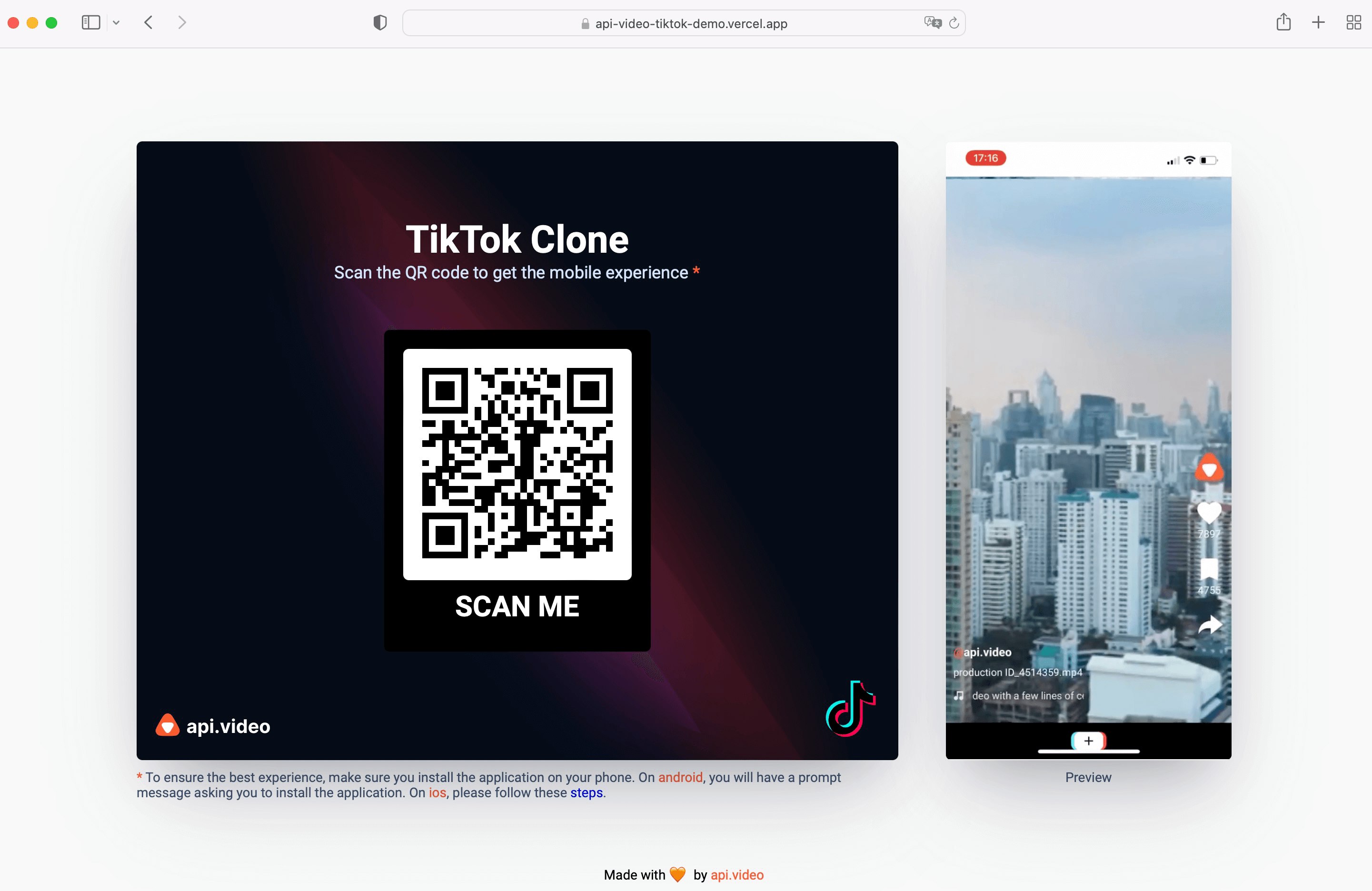 Screenshot TikTok demo on desktop screen size