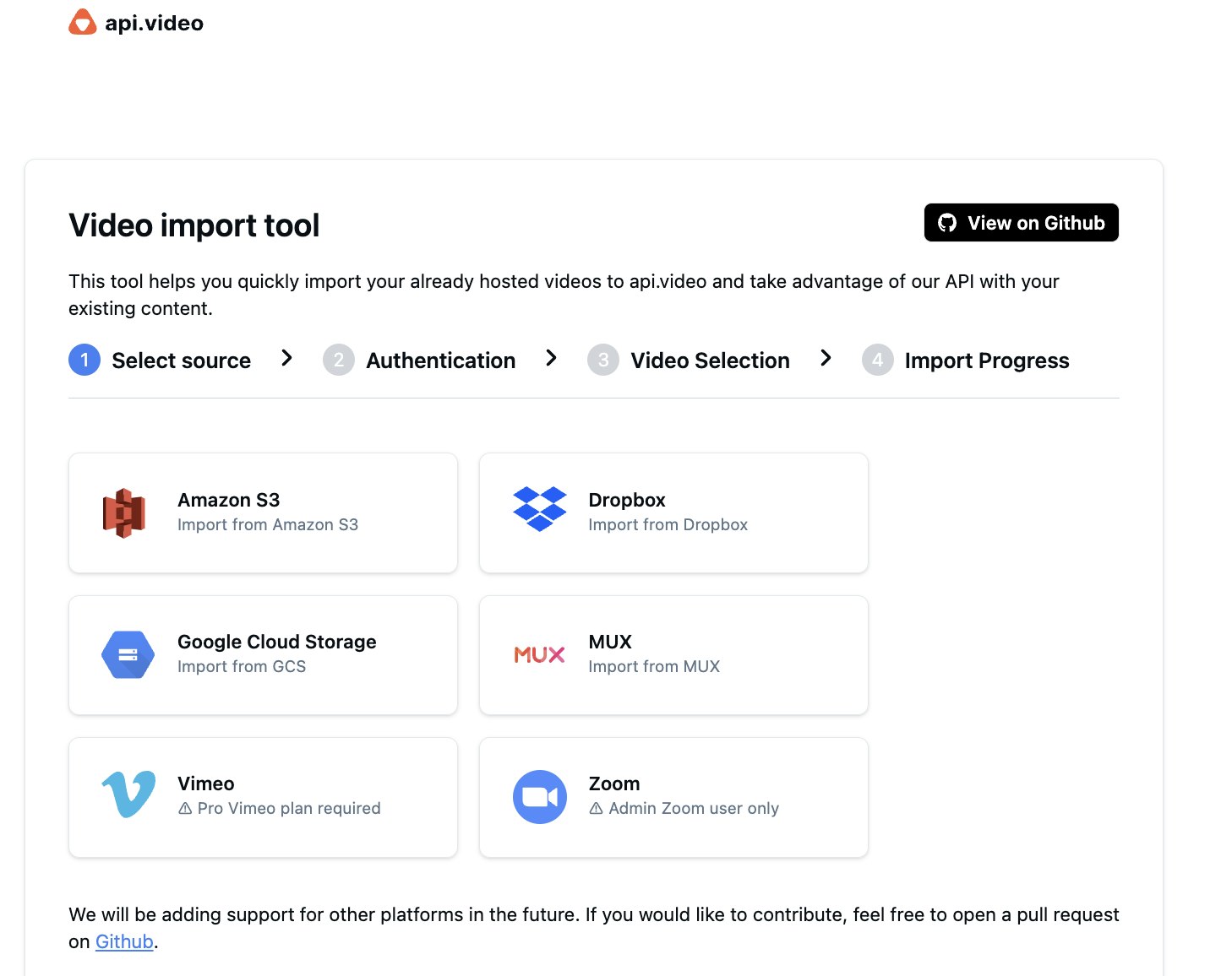 Select your video provider: Zoom, Amazon S3, Google Cloud Storage, or MUX.