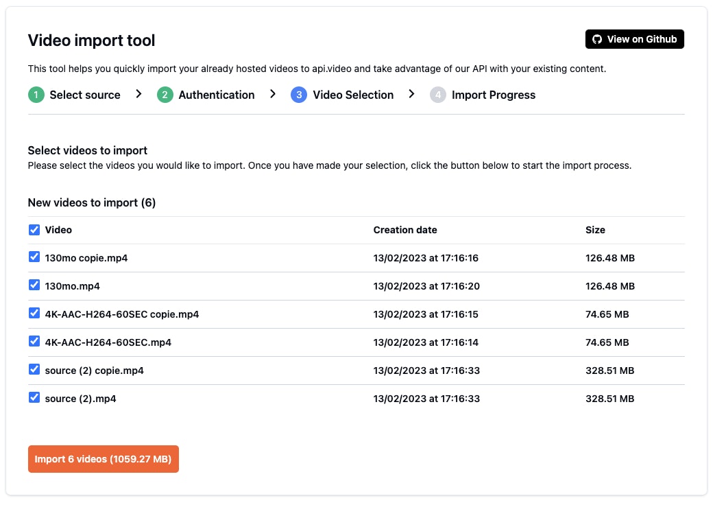 select the videos you want to import from your provider and import them directly to api.video.