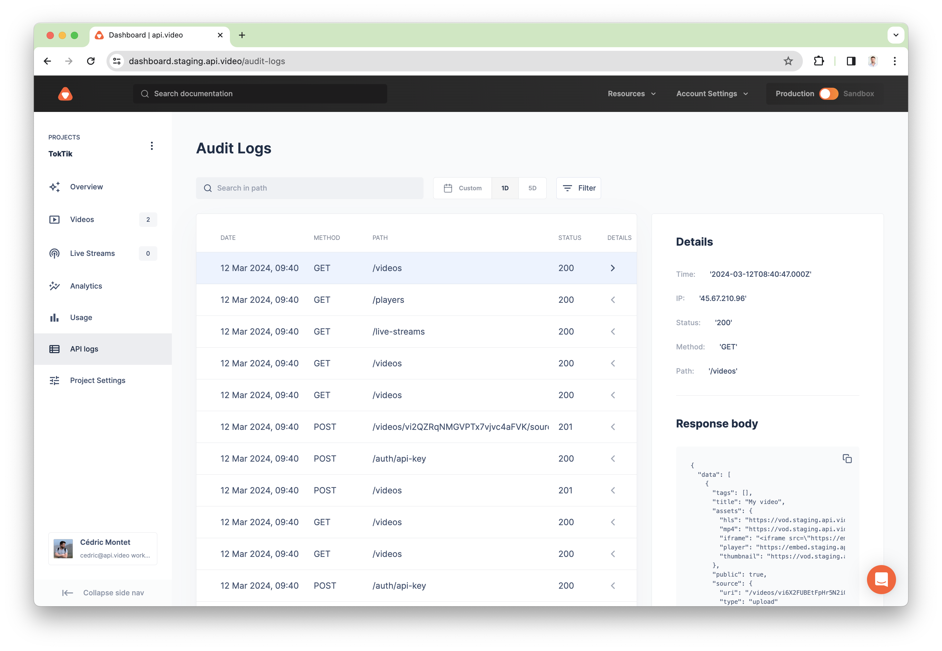 A glimpse of audit logs in the api.video dashboard