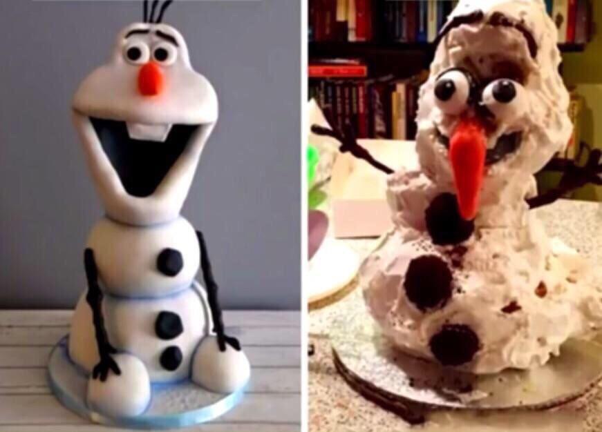 On the left, Olaf from the movie Frozen compared to a photo on the right of a cake version of Olaf
