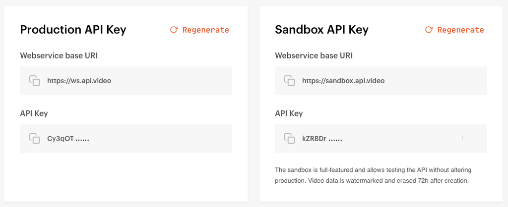 An image of the production and sandbox api keys in your api.video dashboard