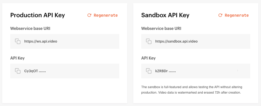 An image of the production and sandbox API keys in your api.video dashboard