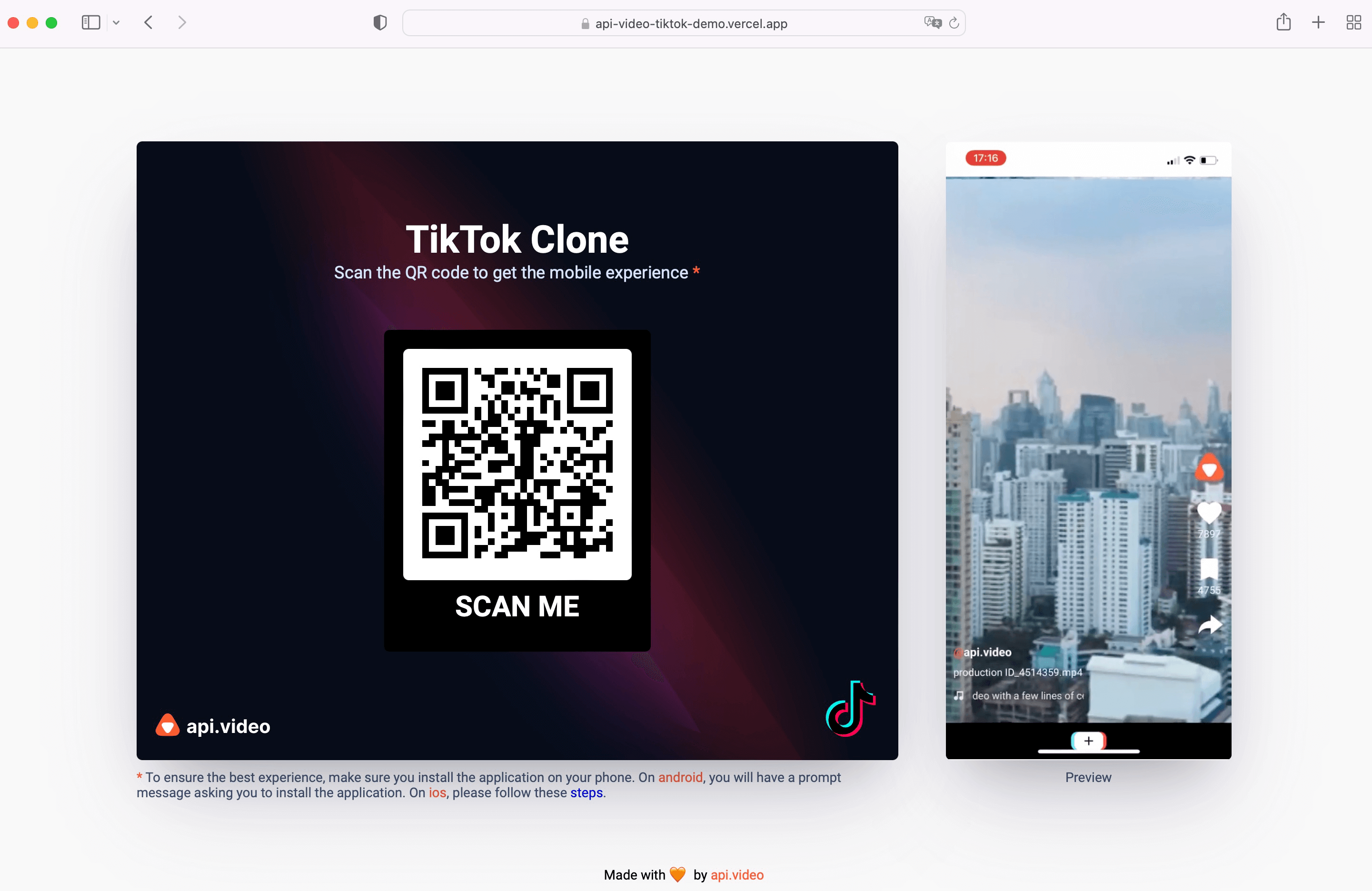 Screenshot TikTok demo on desktop screen size