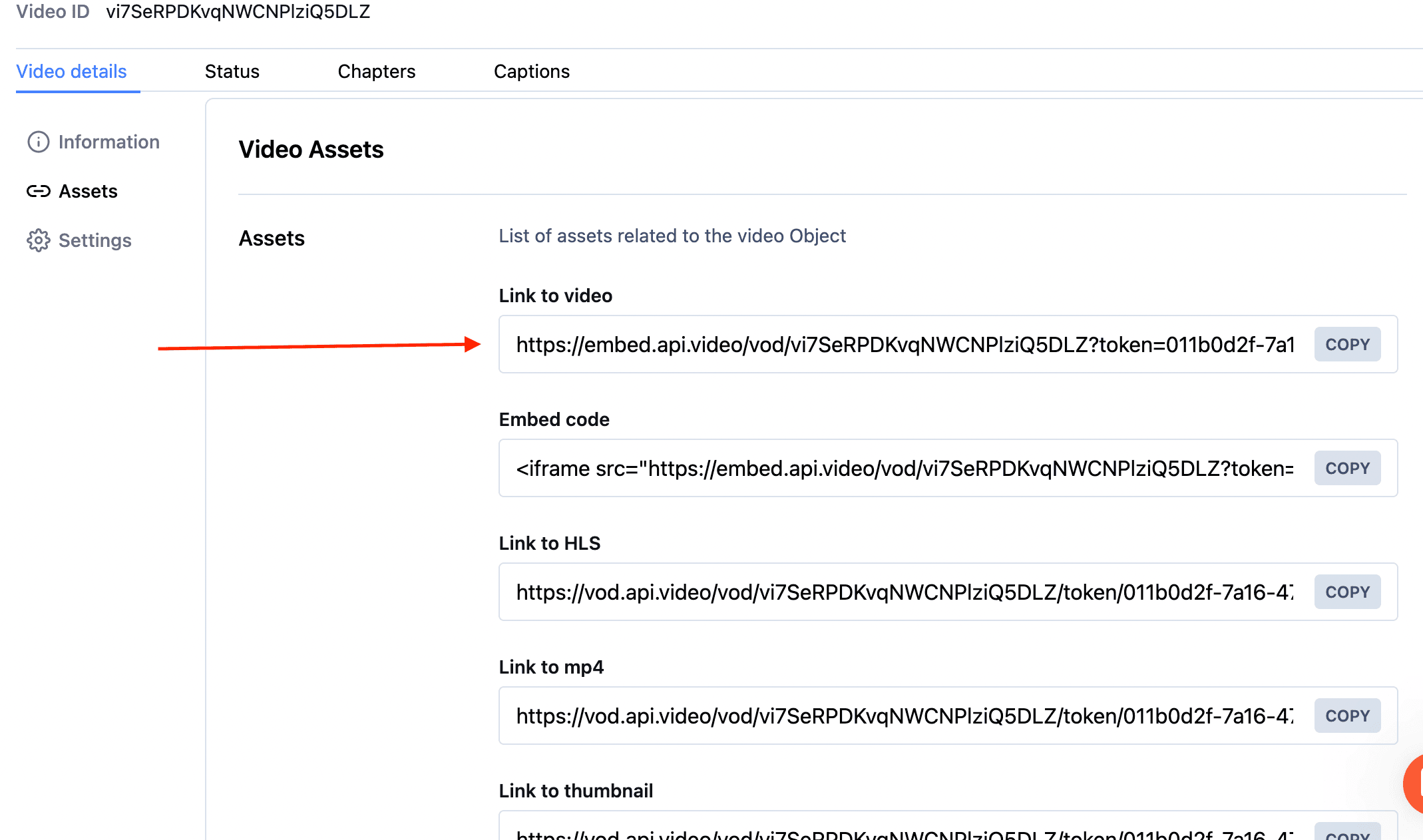 video URLs in the Assets section