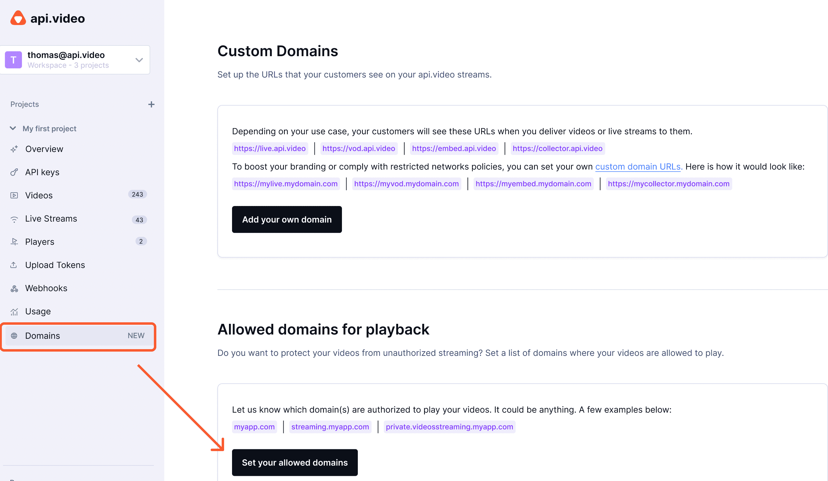 screenshot: set your allowed domains