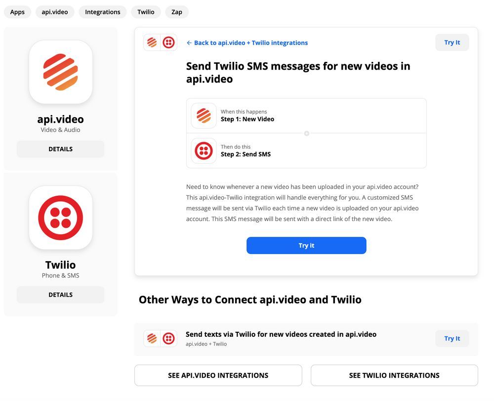 SMS reminders, upload a video, api.video, zapier